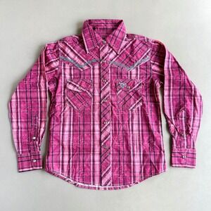 Cowgirl Hardware Western Snap Shirt Pink Plaid Embroidered Girls Small Sz 6 NWOT